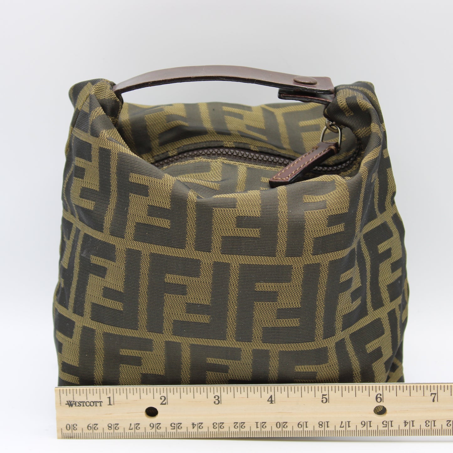 Fendi Brown Zucca Print Cloth Pouch Leather Handle Bag