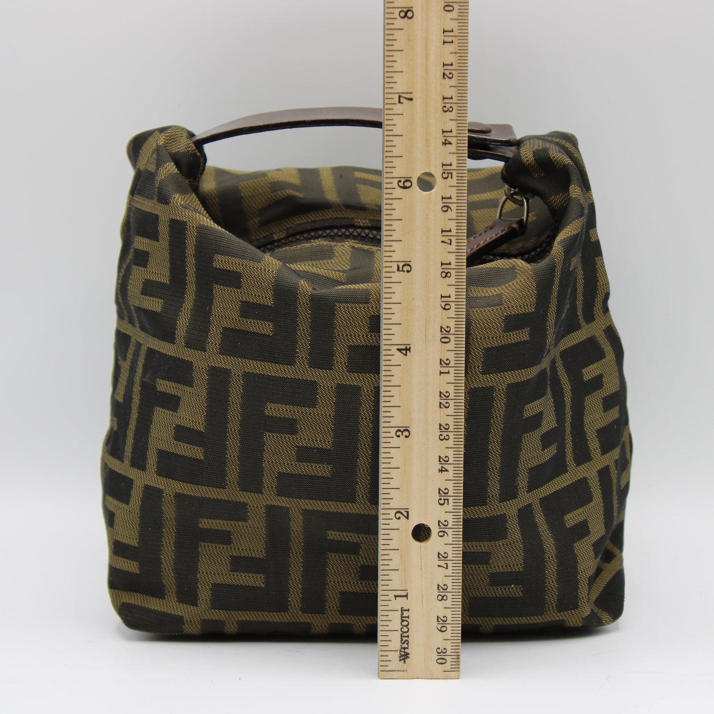 Fendi Brown Zucca Print Cloth Pouch Leather Handle Bag