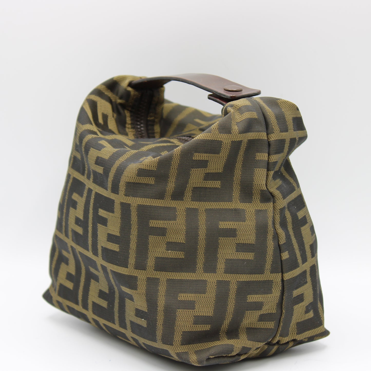 Fendi Brown Zucca Print Cloth Pouch Leather Handle Bag