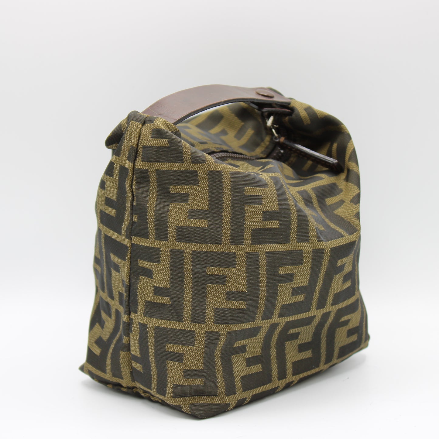 Fendi Brown Zucca Print Cloth Pouch Leather Handle Bag