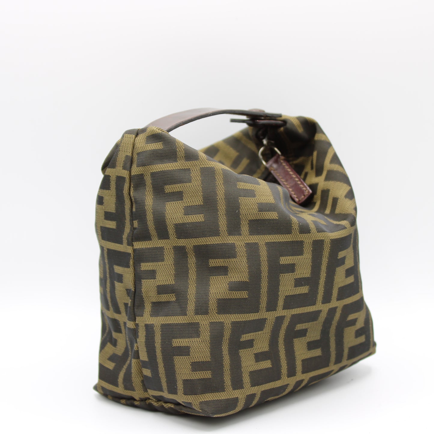 Fendi Brown Zucca Print Cloth Pouch Leather Handle Bag