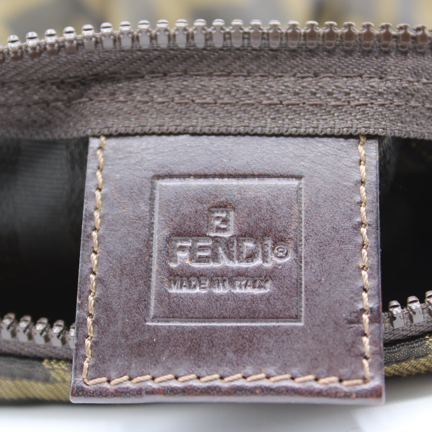 Fendi Brown Zucca Print Cloth Pouch Leather Handle Bag