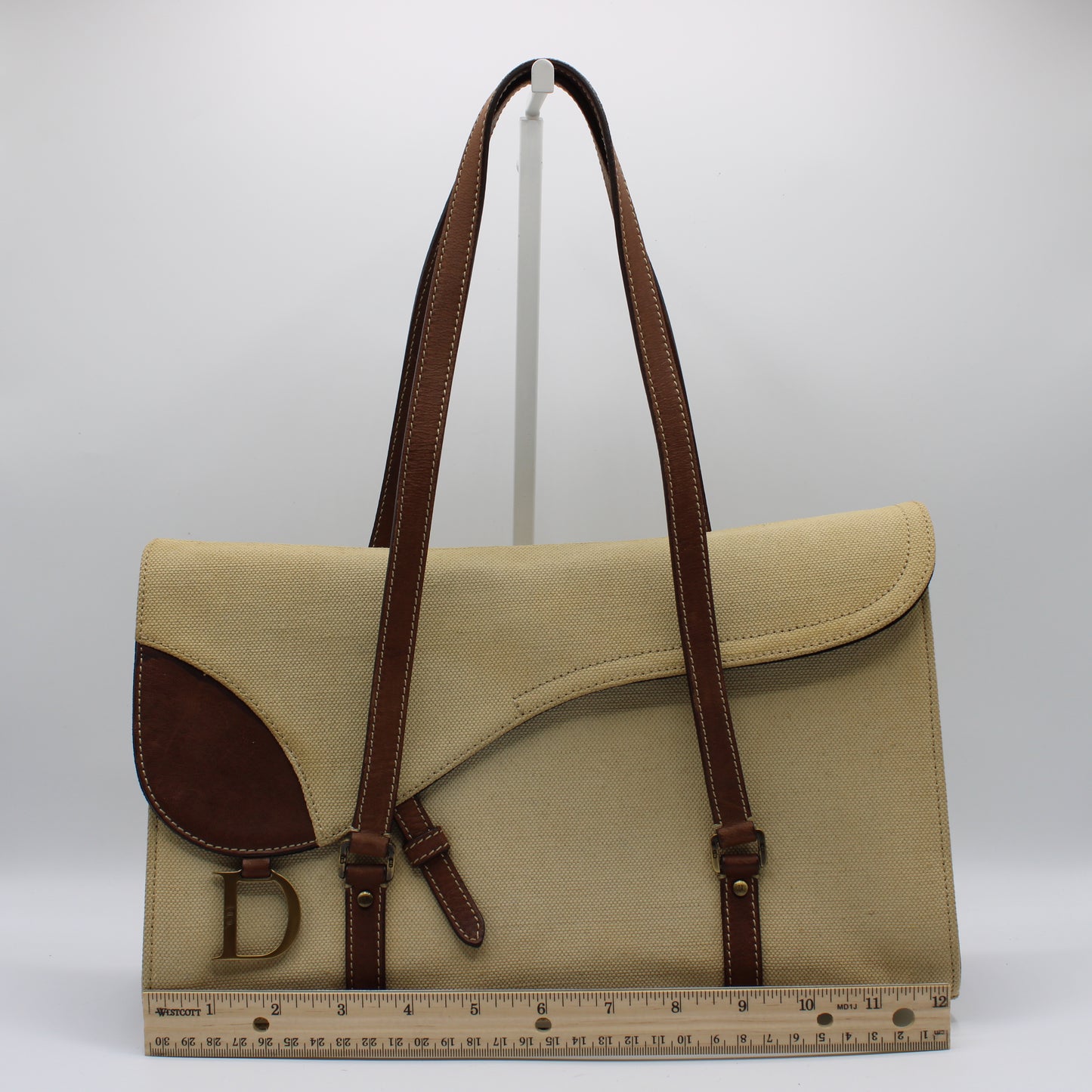 Christian Dior Beige Canvas Brown Leather Saddle Tote Bag