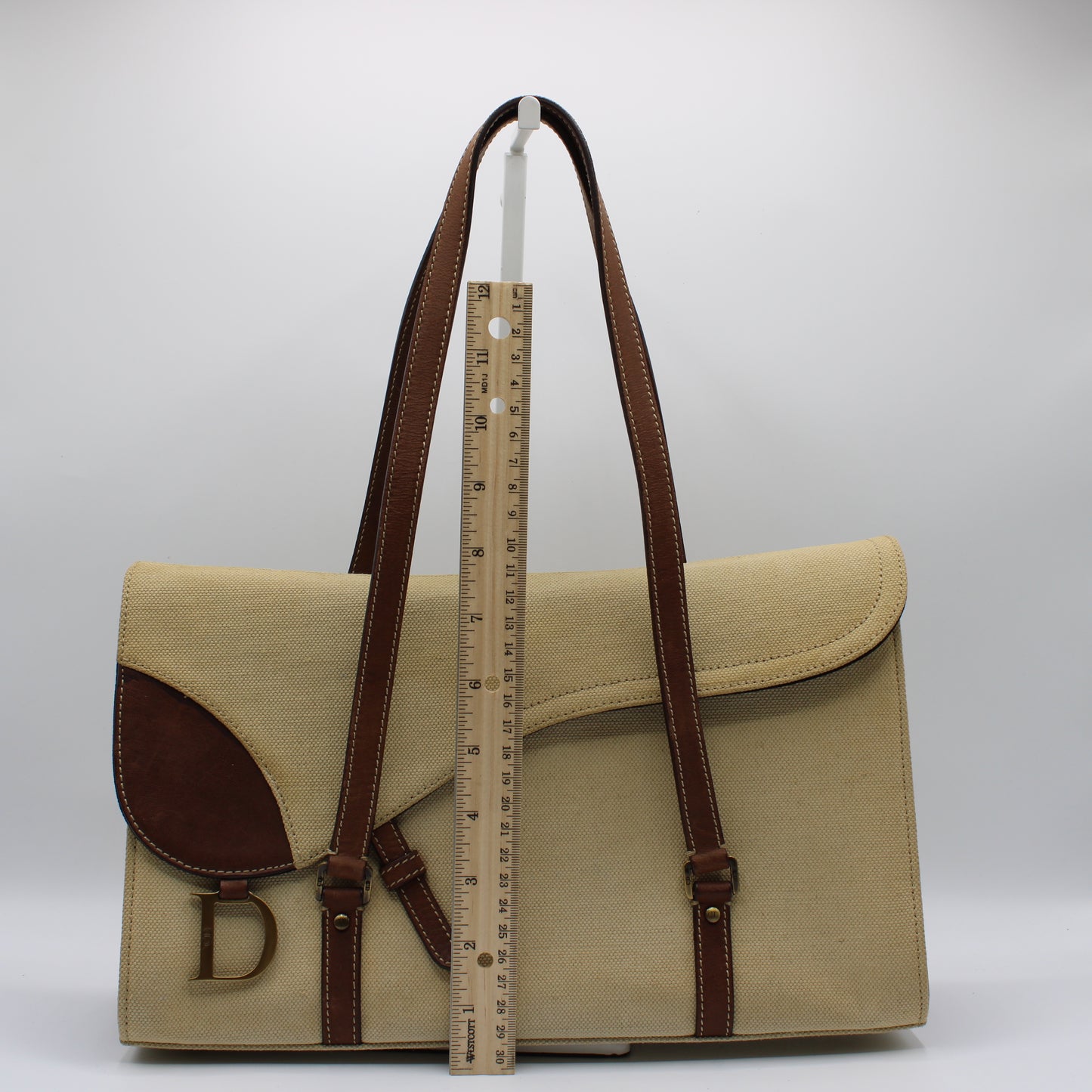 Christian Dior Beige Canvas Brown Leather Saddle Tote Bag