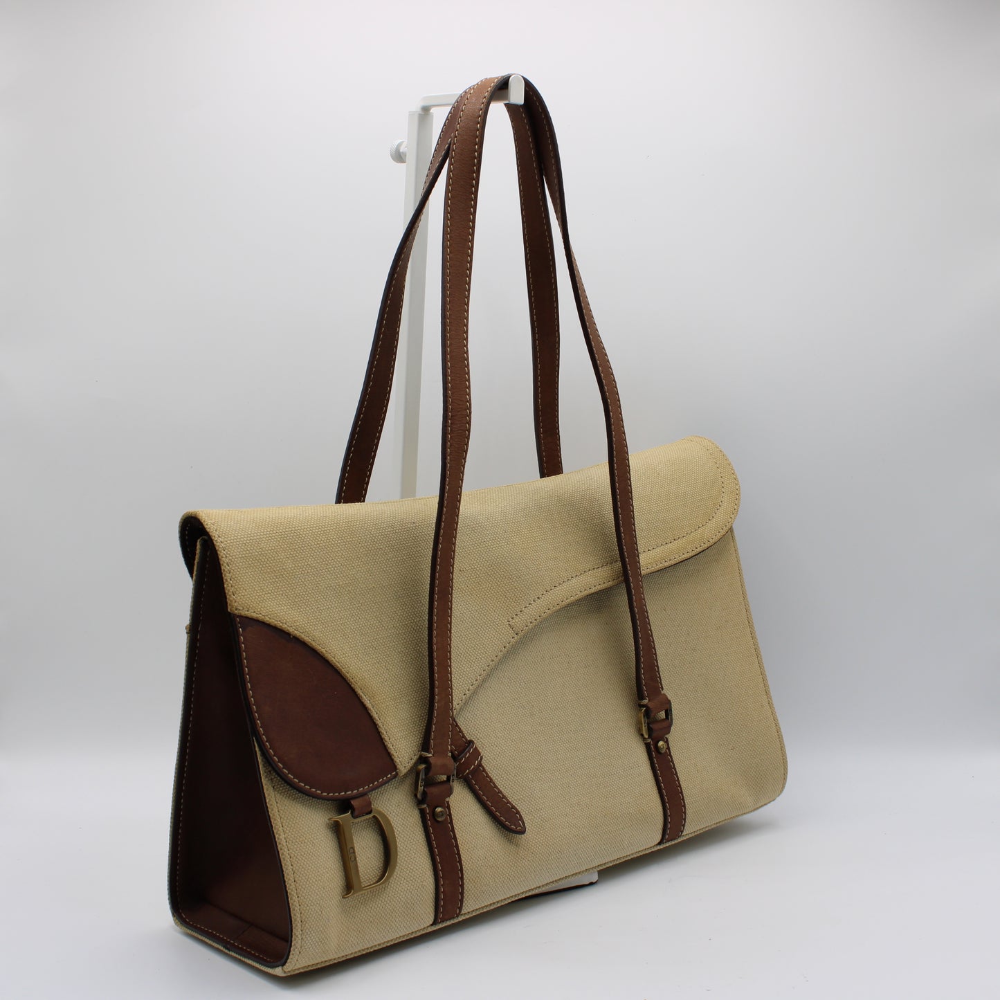 Christian Dior Beige Canvas Brown Leather Saddle Tote Bag