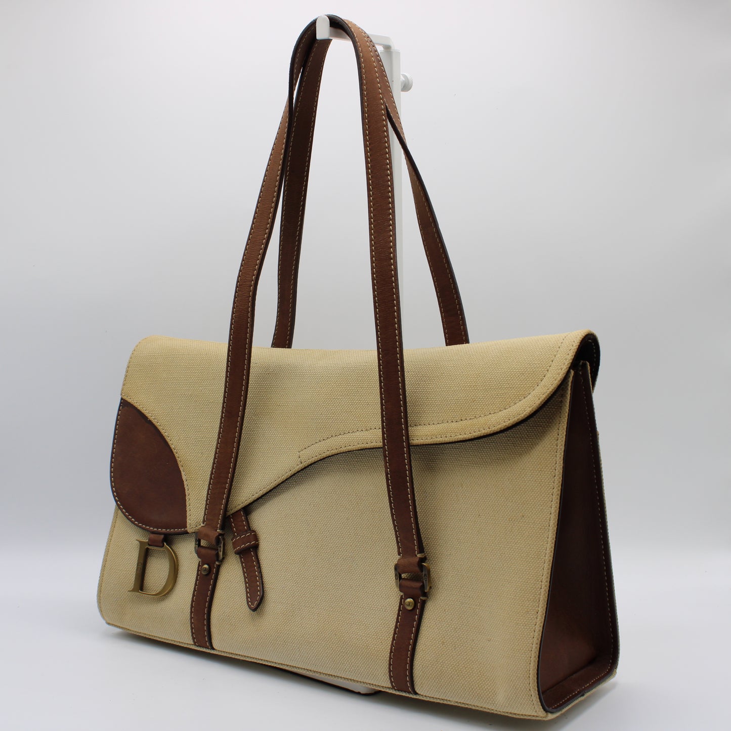 Christian Dior Beige Canvas Brown Leather Saddle Tote Bag