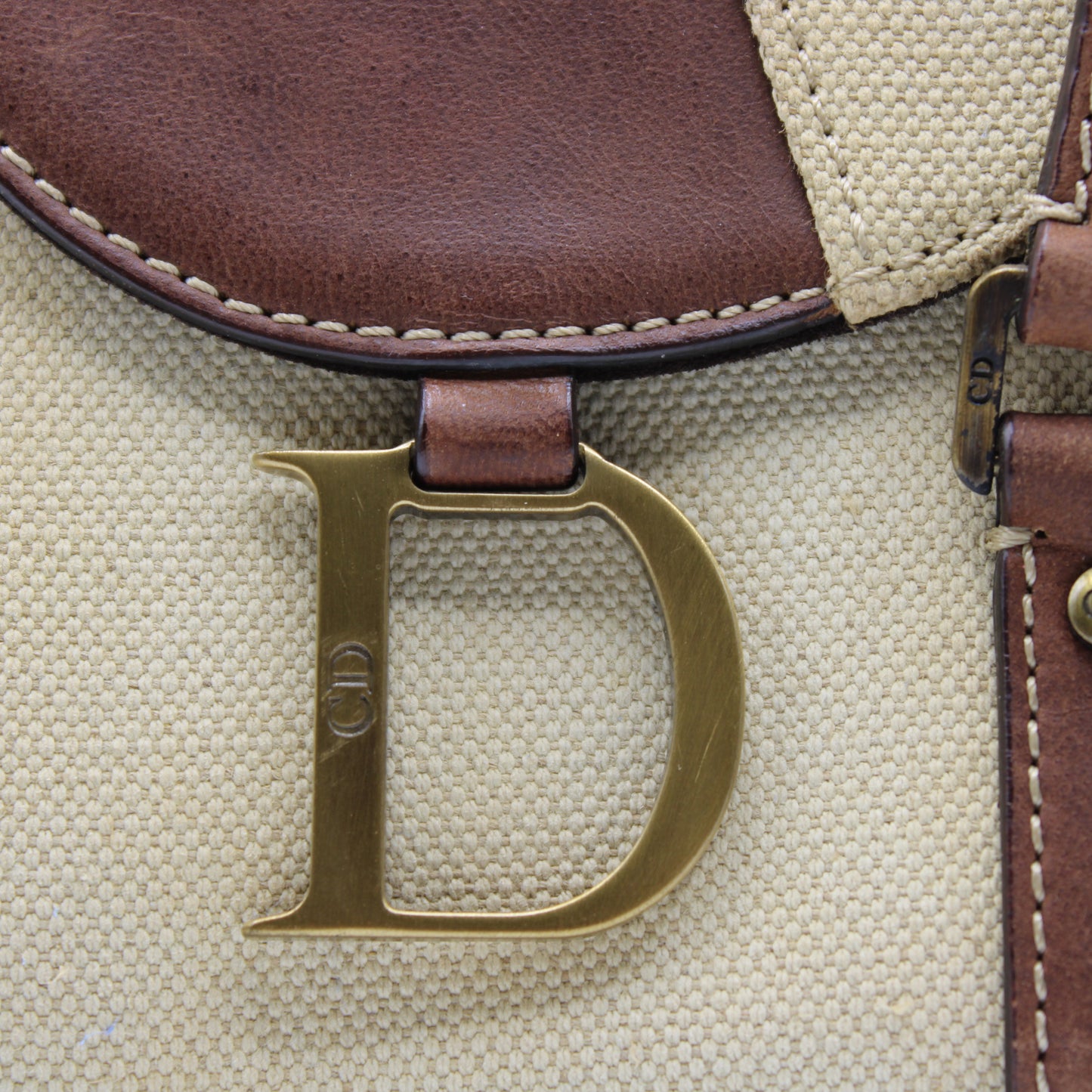 Christian Dior Beige Canvas Brown Leather Saddle Tote Bag