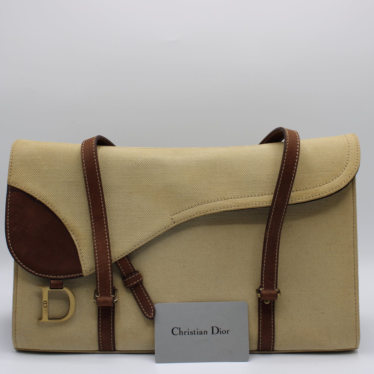 Christian Dior Beige Canvas Brown Leather Saddle Tote Bag