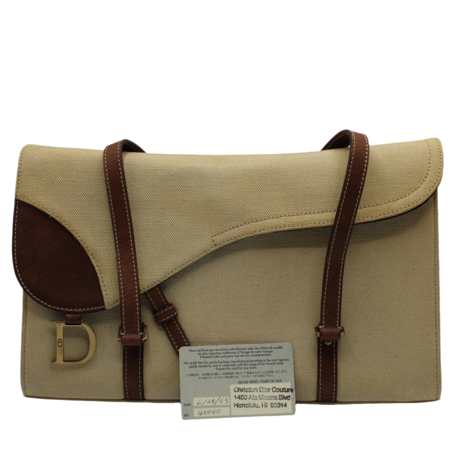 Christian Dior Beige Canvas Brown Leather Saddle Tote Bag