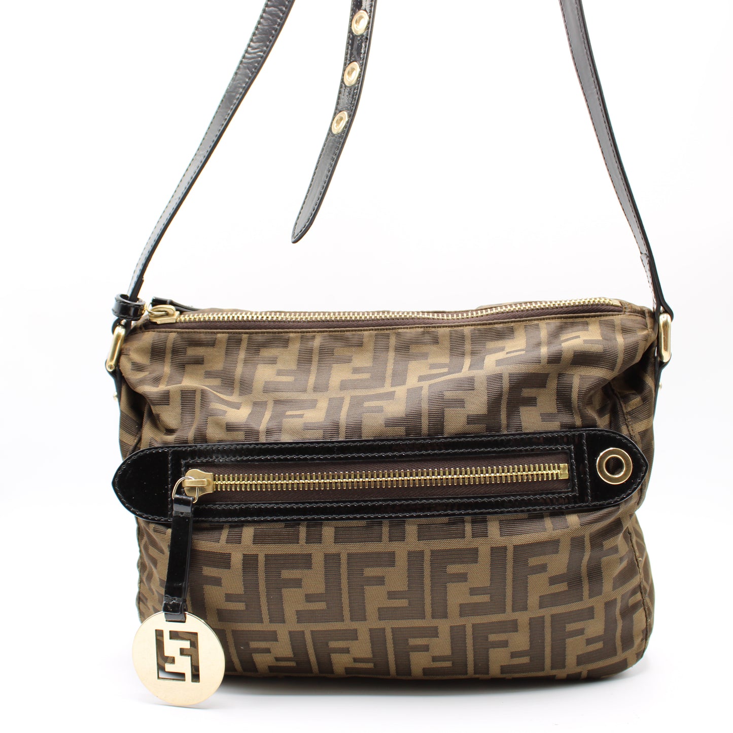 Fendi Brown Zucca Canvas Crossbody Bag Leather Strap