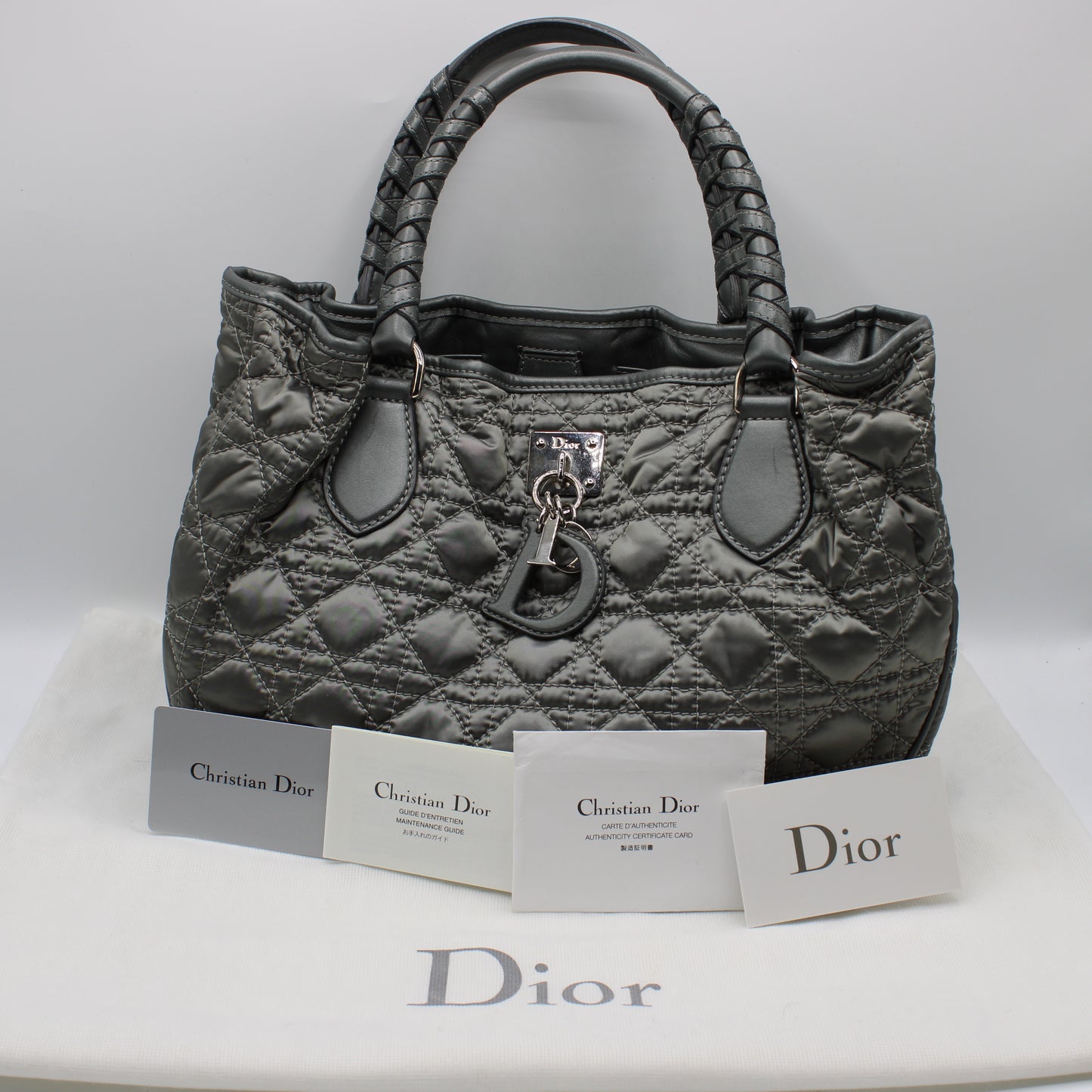 Christian Dior Grey Quilted Cannage Lady Dior Tote Bag