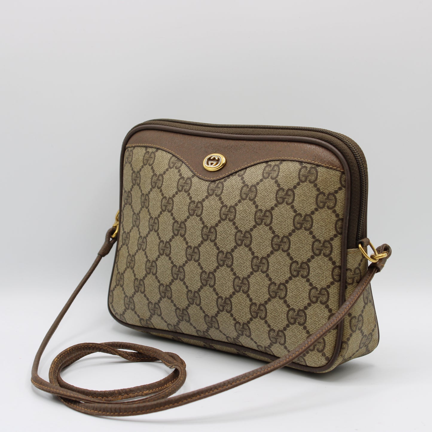 Gucci Brown GG Monogram Coated Canvas Leather Crossbody Bag