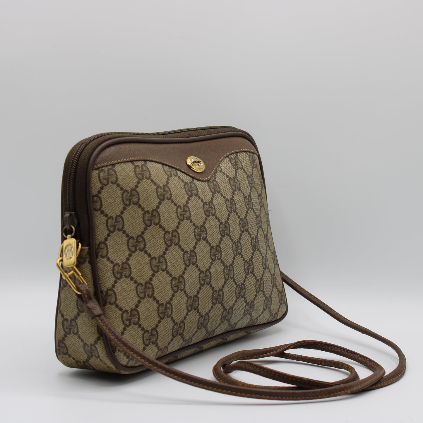 Gucci Brown GG Monogram Coated Canvas Leather Crossbody Bag