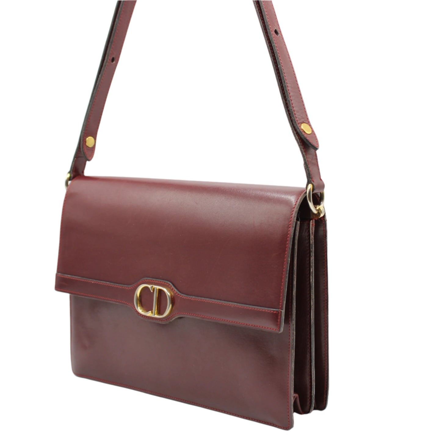 Christian Dior Burgundy Leather Shoulder Bag Gold CD Logo