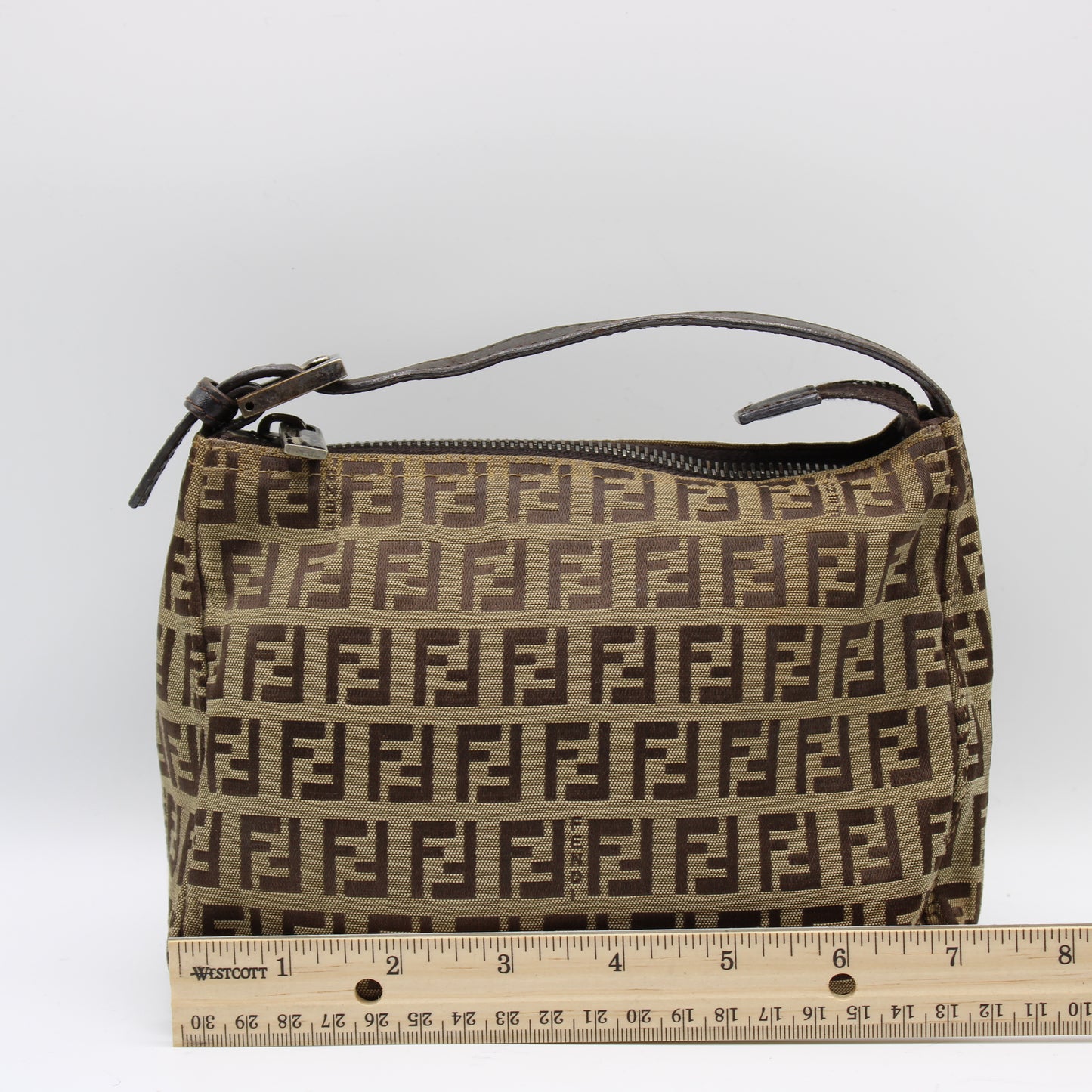 Fendi Brown Zucca Canvas Pouch Leather Handle Mini Bag