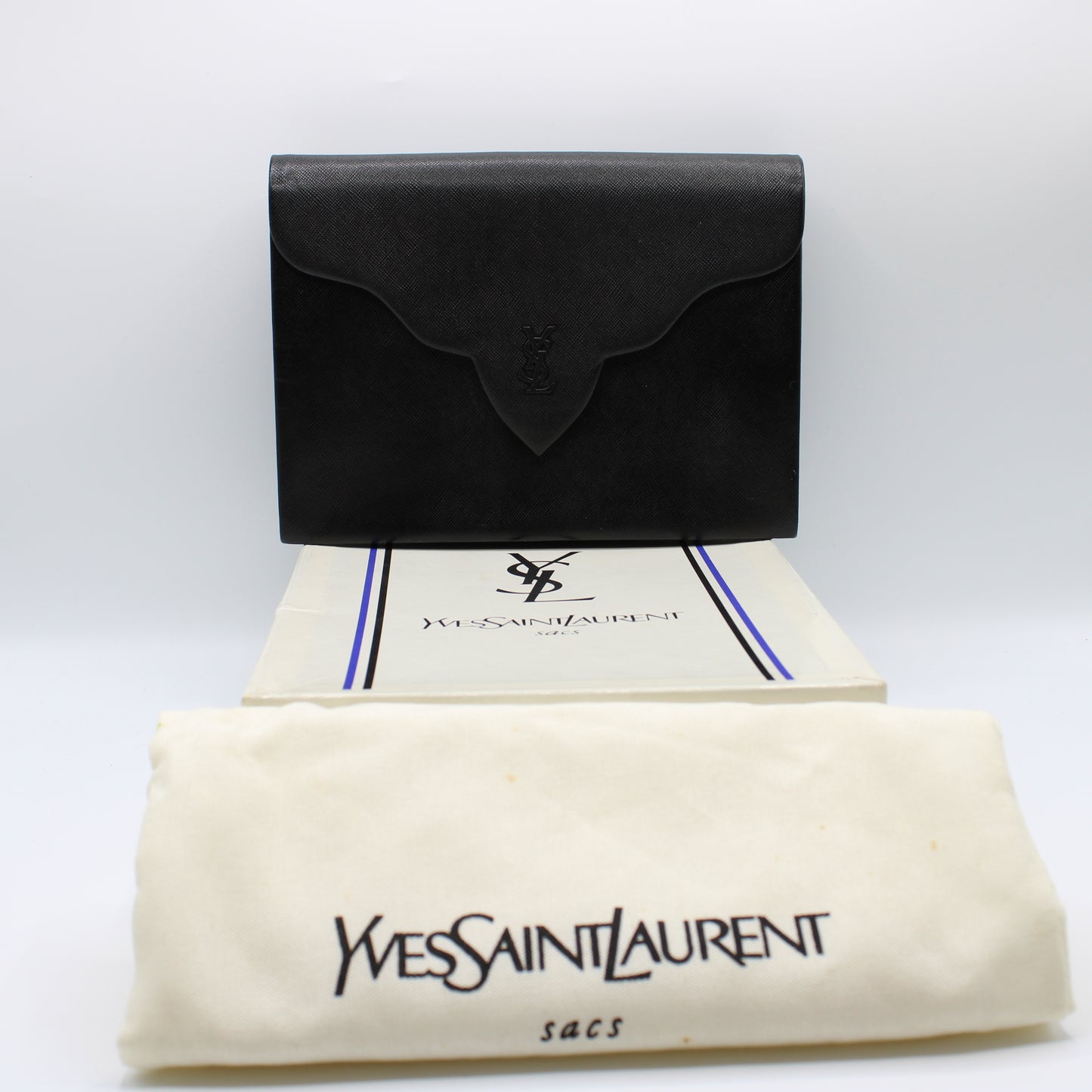 Yves Saint Laurent Black Leather Flap Clutch Box Dust Bag