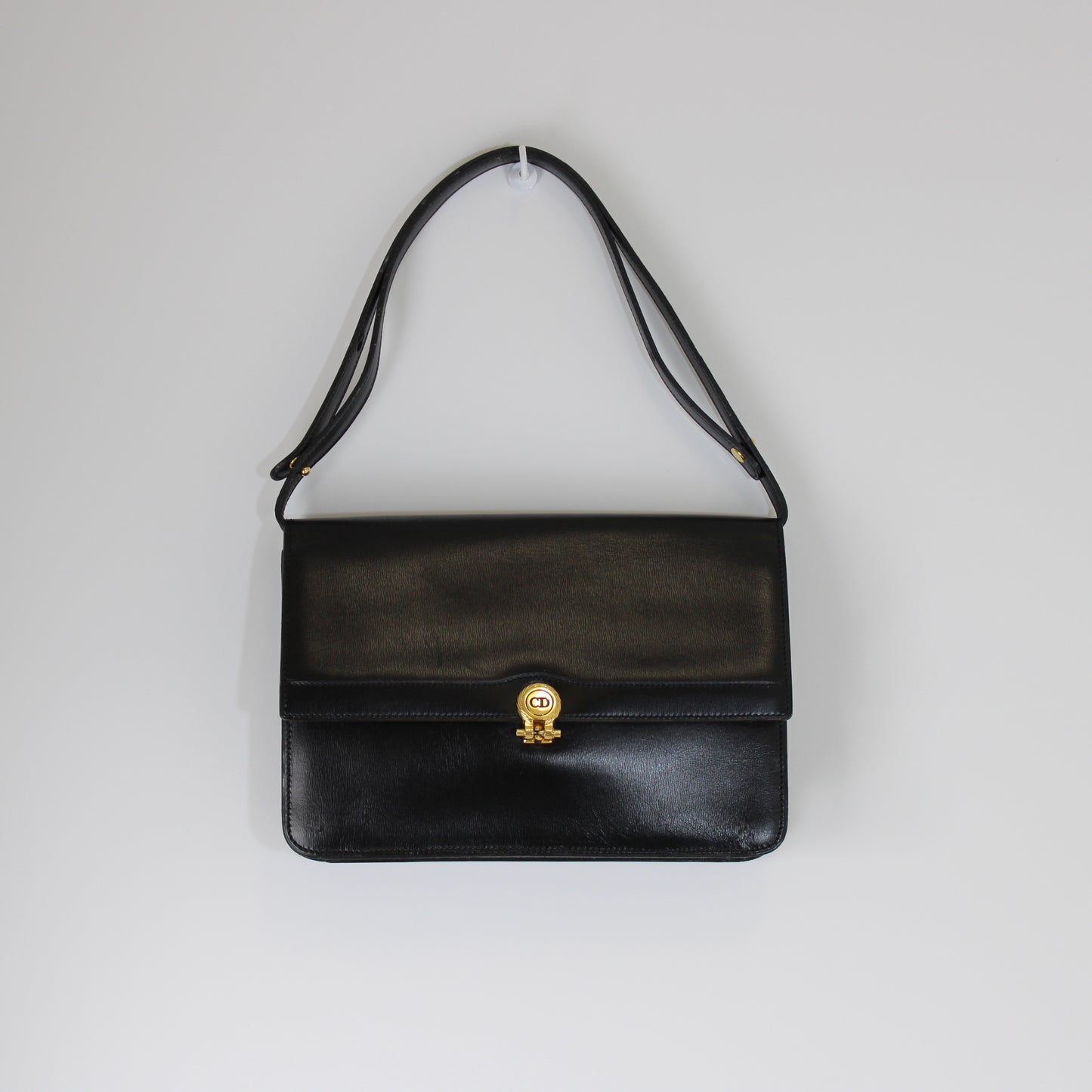 Christian Dior Black Leather Flap Shoulder Bag Gold Logo