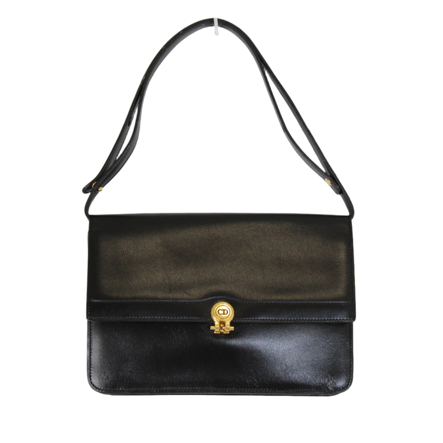 Christian Dior Black Leather Flap Shoulder Bag Gold Logo