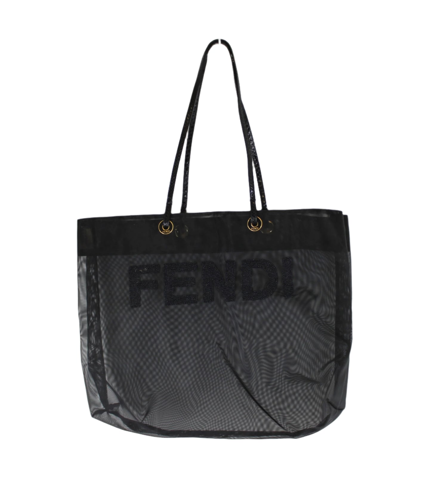 Fendi Black Mesh Tote Bag Beaded Logo Python Handles