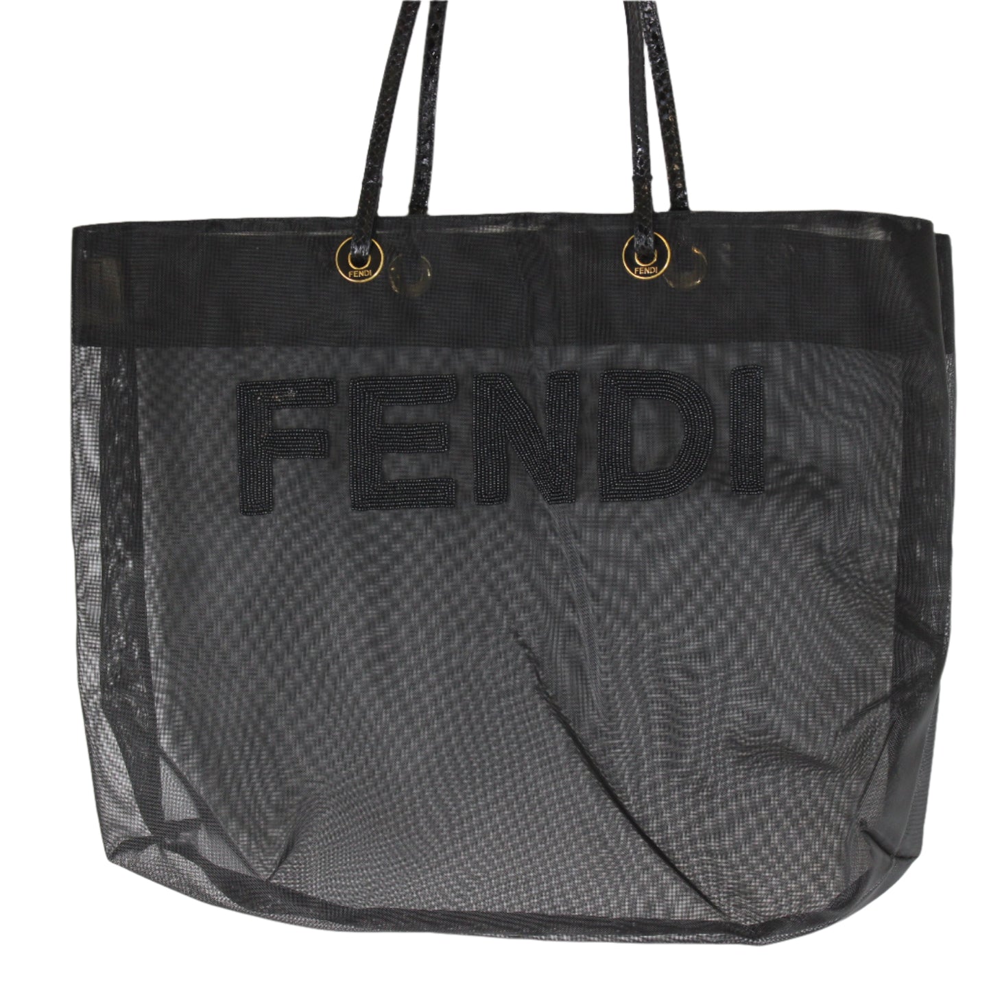 Fendi Black Mesh Tote Bag Beaded Logo Python Handles