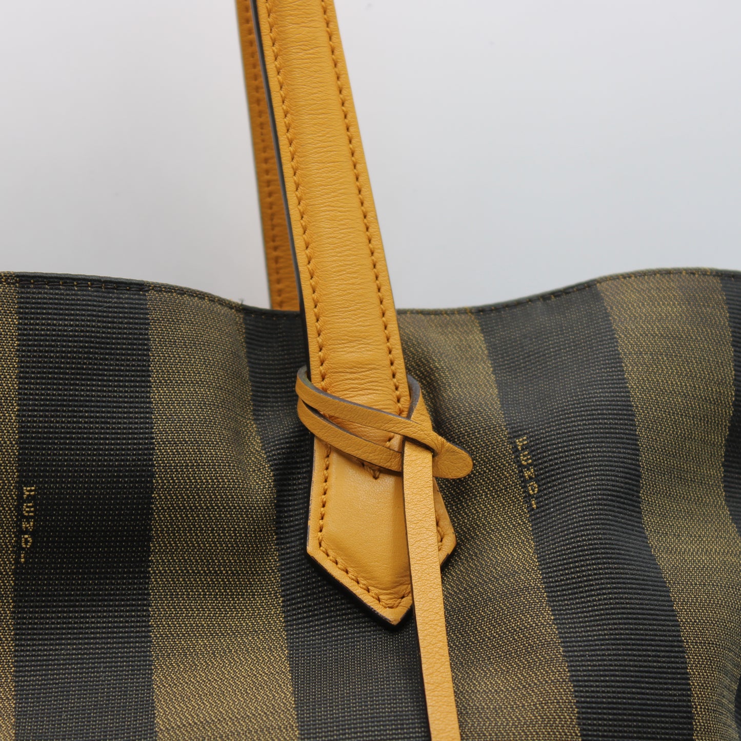 Fendi Brown Black Pequin Striped Canvas Leather Tote Bag