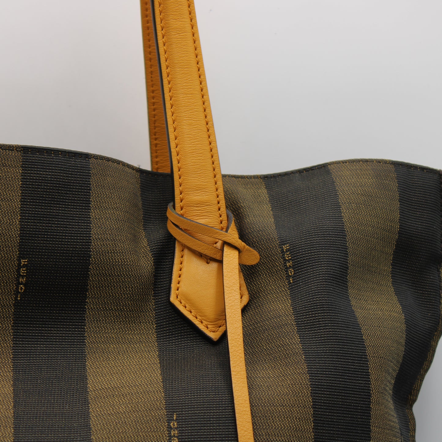 Fendi Brown Black Pequin Striped Canvas Leather Tote Bag