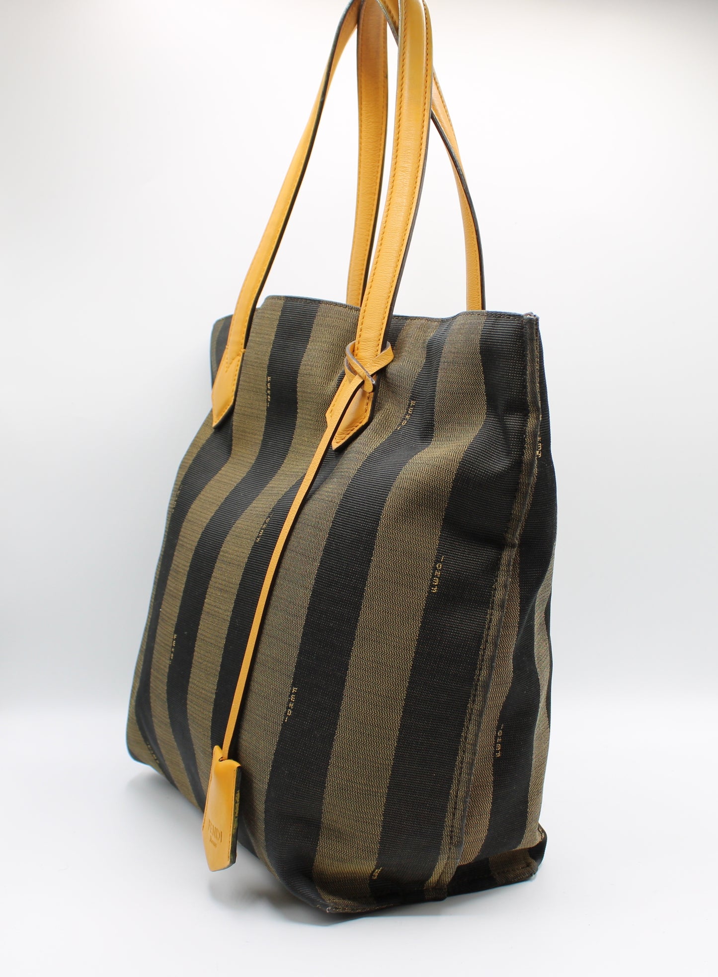 Fendi Brown Black Pequin Striped Canvas Leather Tote Bag