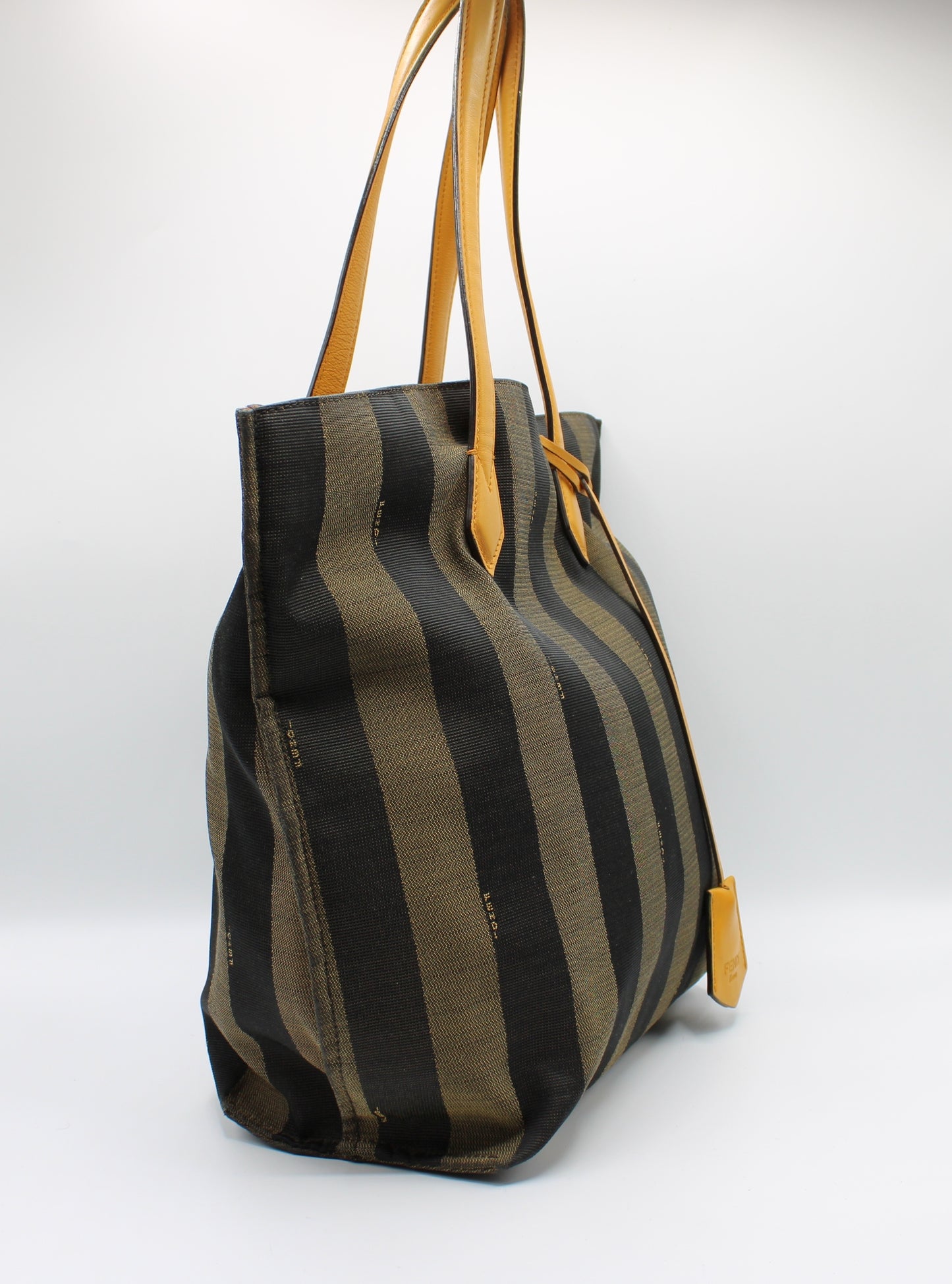 Fendi Brown Black Pequin Striped Canvas Leather Tote Bag