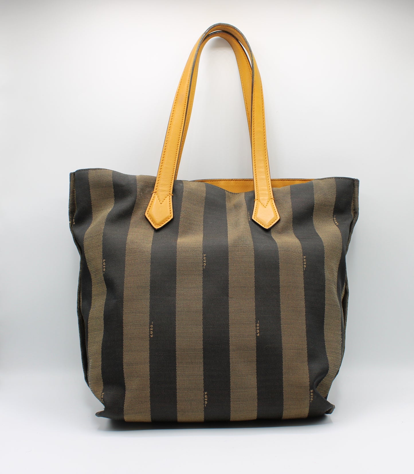 Fendi Brown Black Pequin Striped Canvas Leather Tote Bag