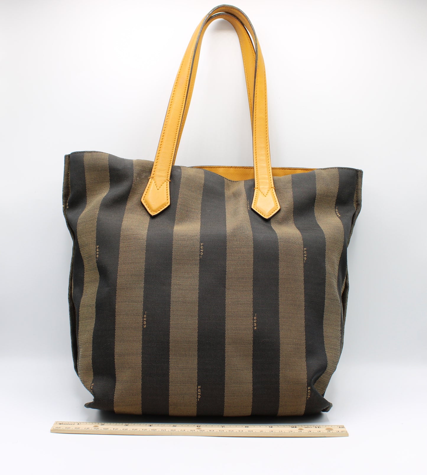 Fendi Brown Black Pequin Striped Canvas Leather Tote Bag