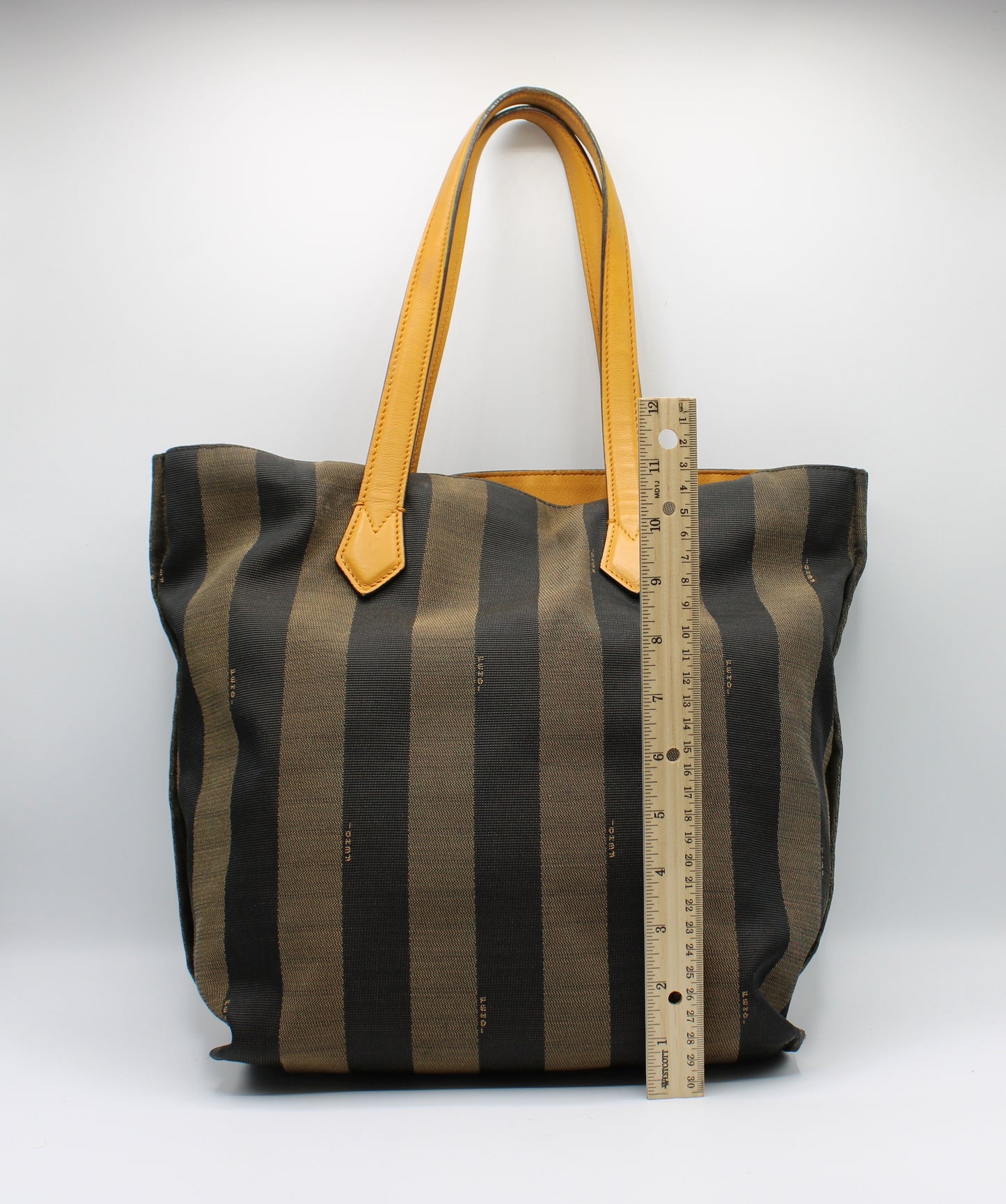 Fendi Brown Black Pequin Striped Canvas Leather Tote Bag