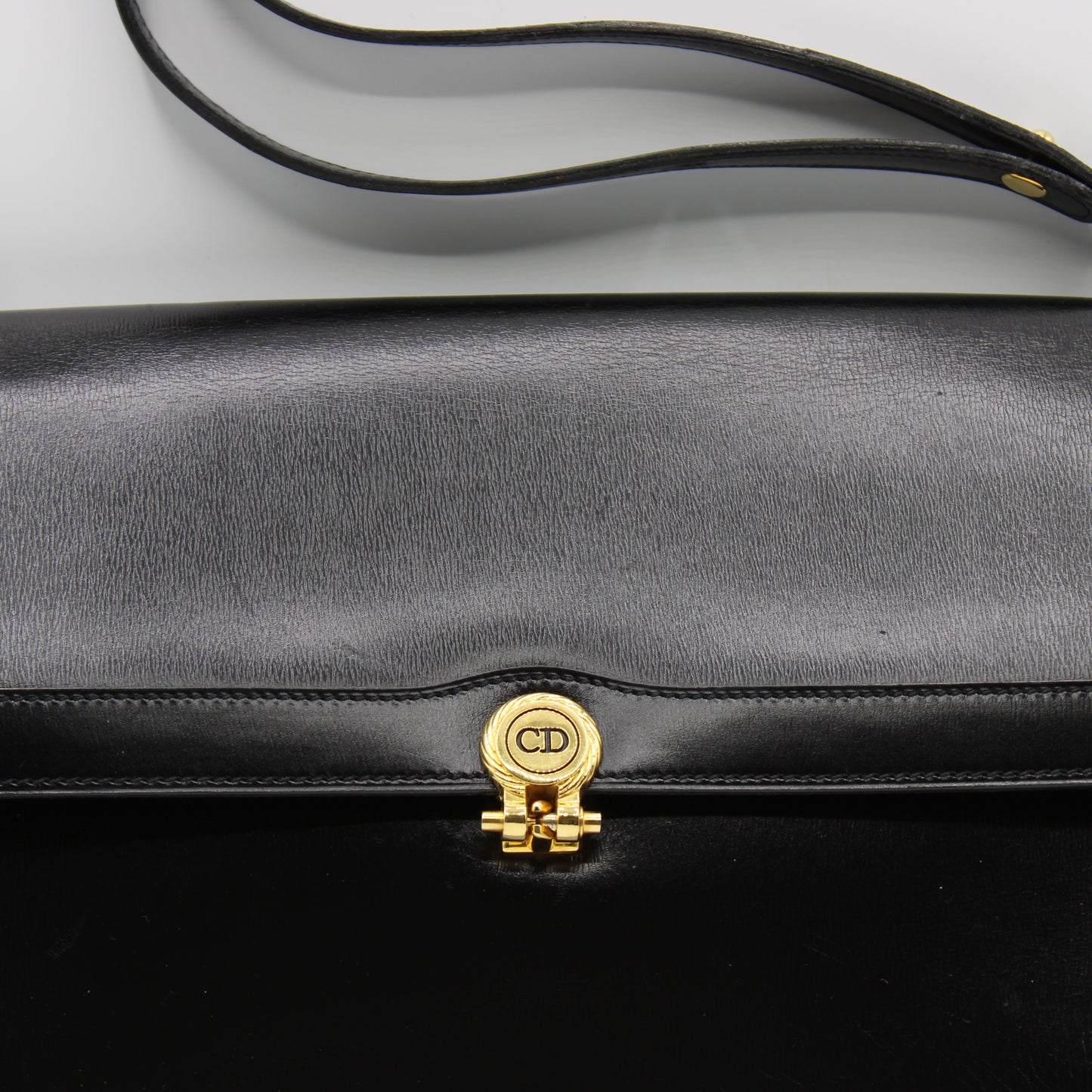 Christian Dior Black Leather Flap Shoulder Bag Gold Logo