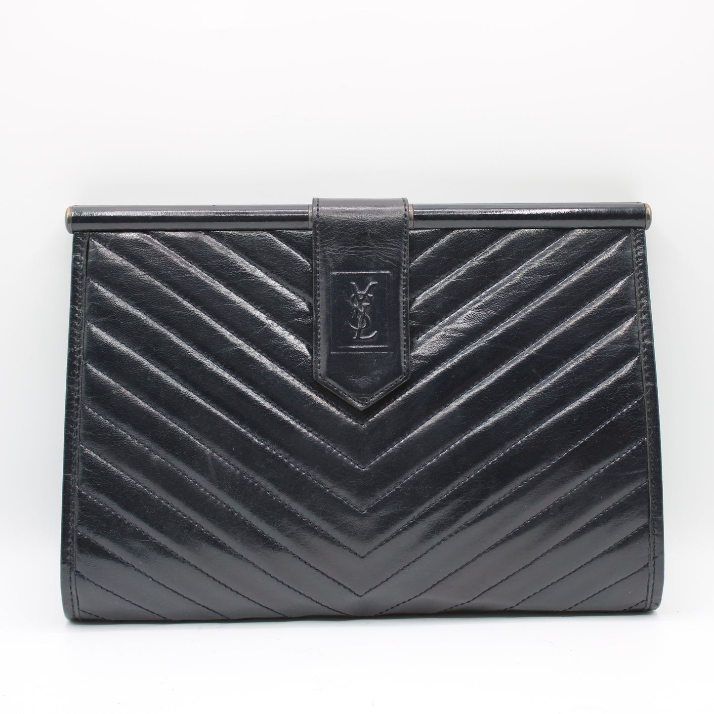 Yves Saint Laurent Chevron Quilted Navy Leather Flap Clutch Bag