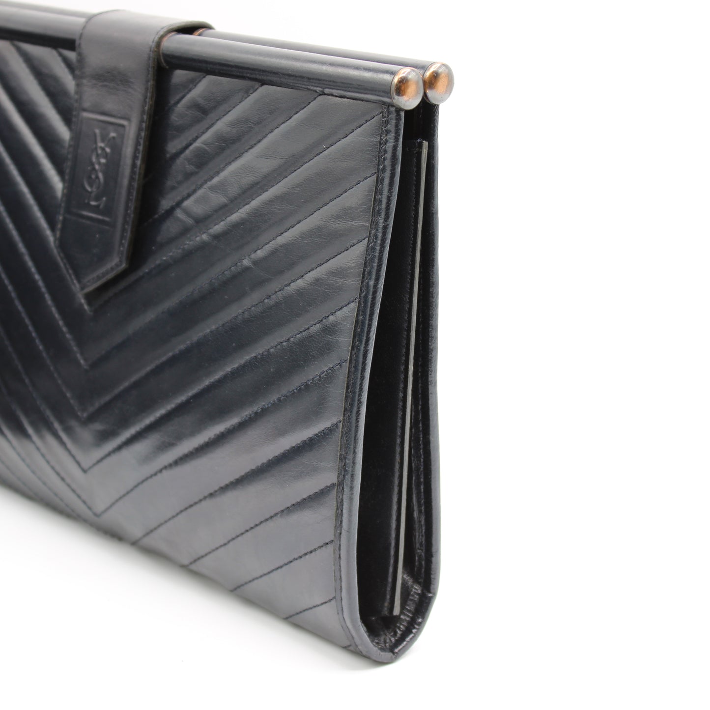 Yves Saint Laurent Chevron Quilted Navy Leather Flap Clutch Bag