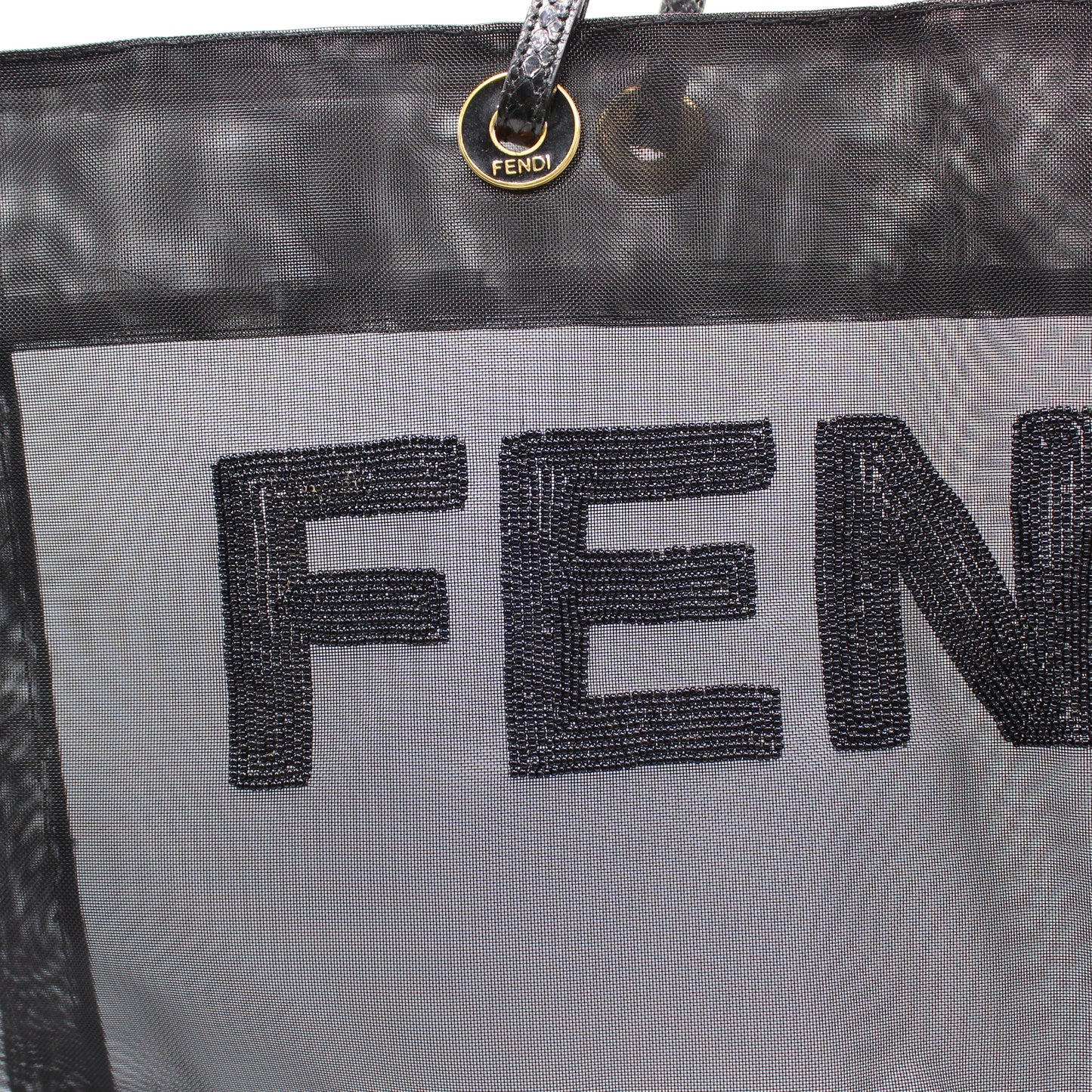 Fendi Black Mesh Tote Bag Beaded Logo Python Handles