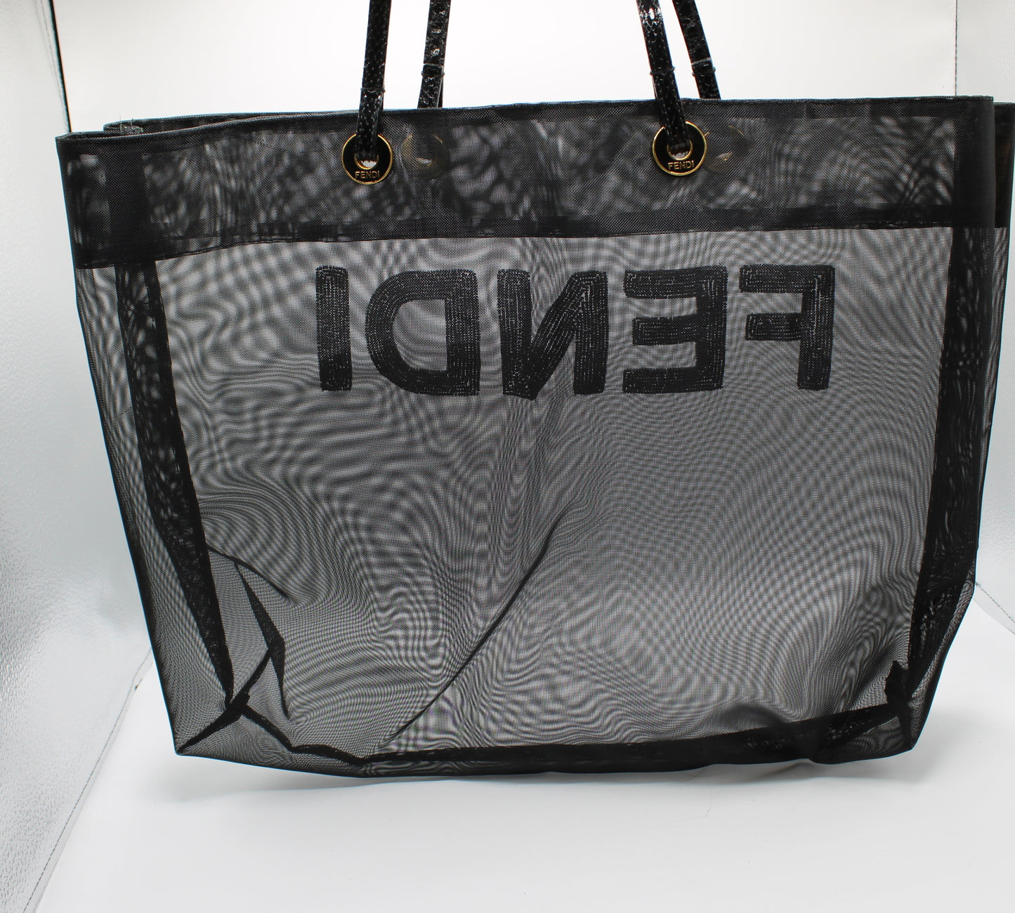 Fendi Black Mesh Tote Bag Beaded Logo Python Handles