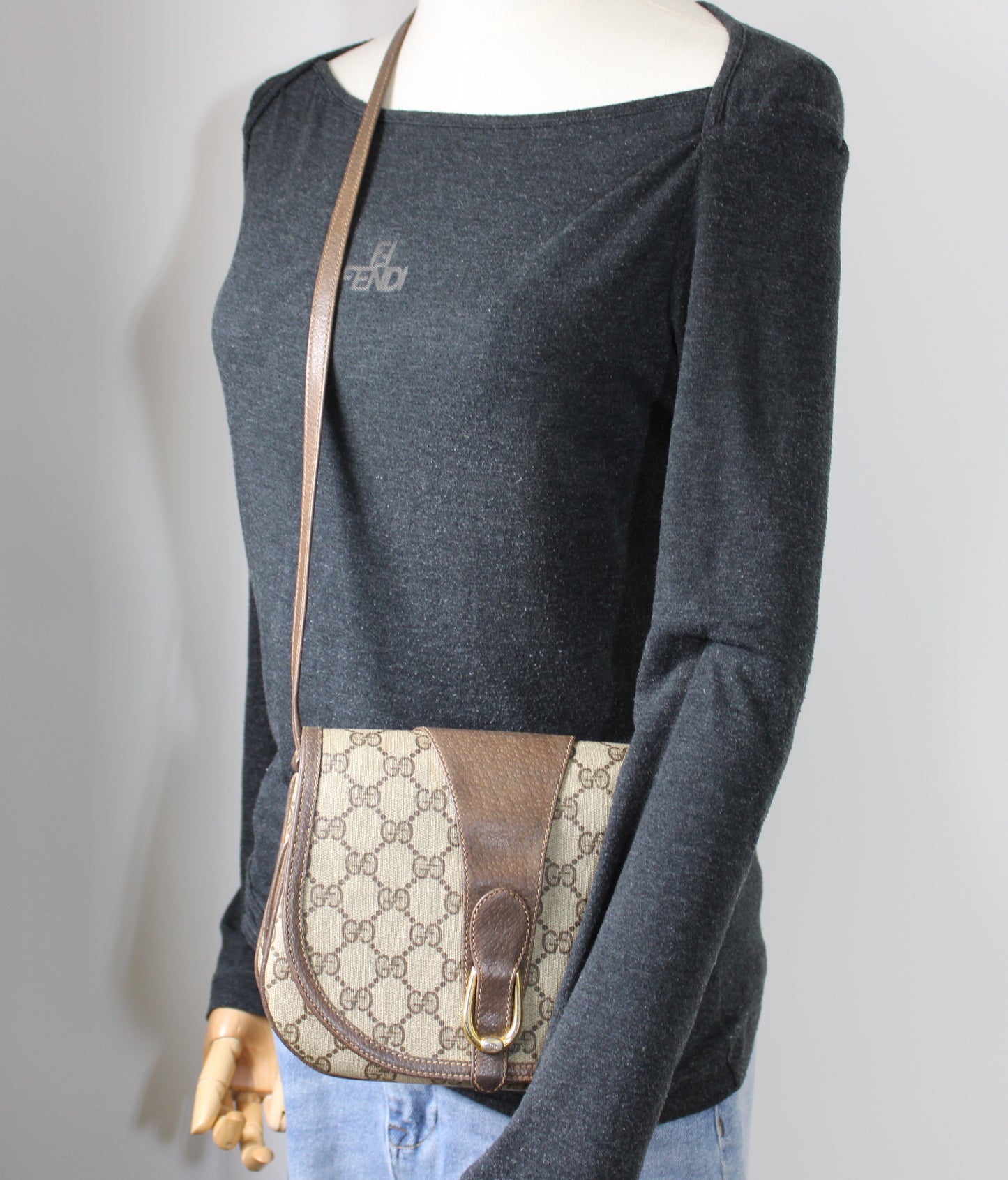 Gucci GG Monogram Canvas Brown Leather Crossbody Bag