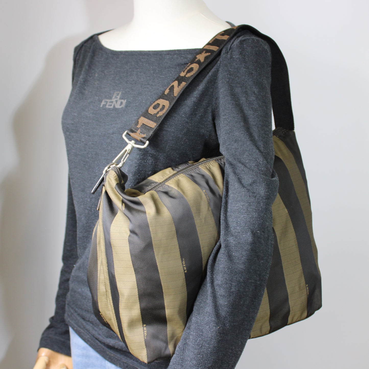 Fendi Pequin Stripe Brown Black Shoulder Bag with Star Roma Strap