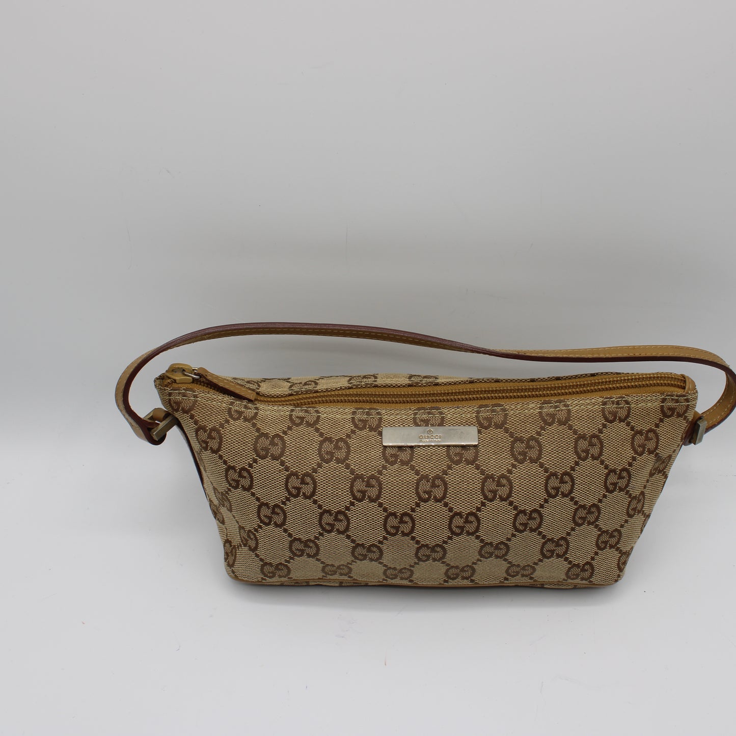 Gucci Beige GG Canvas Boat Pochette Small Handbag Leather Trim