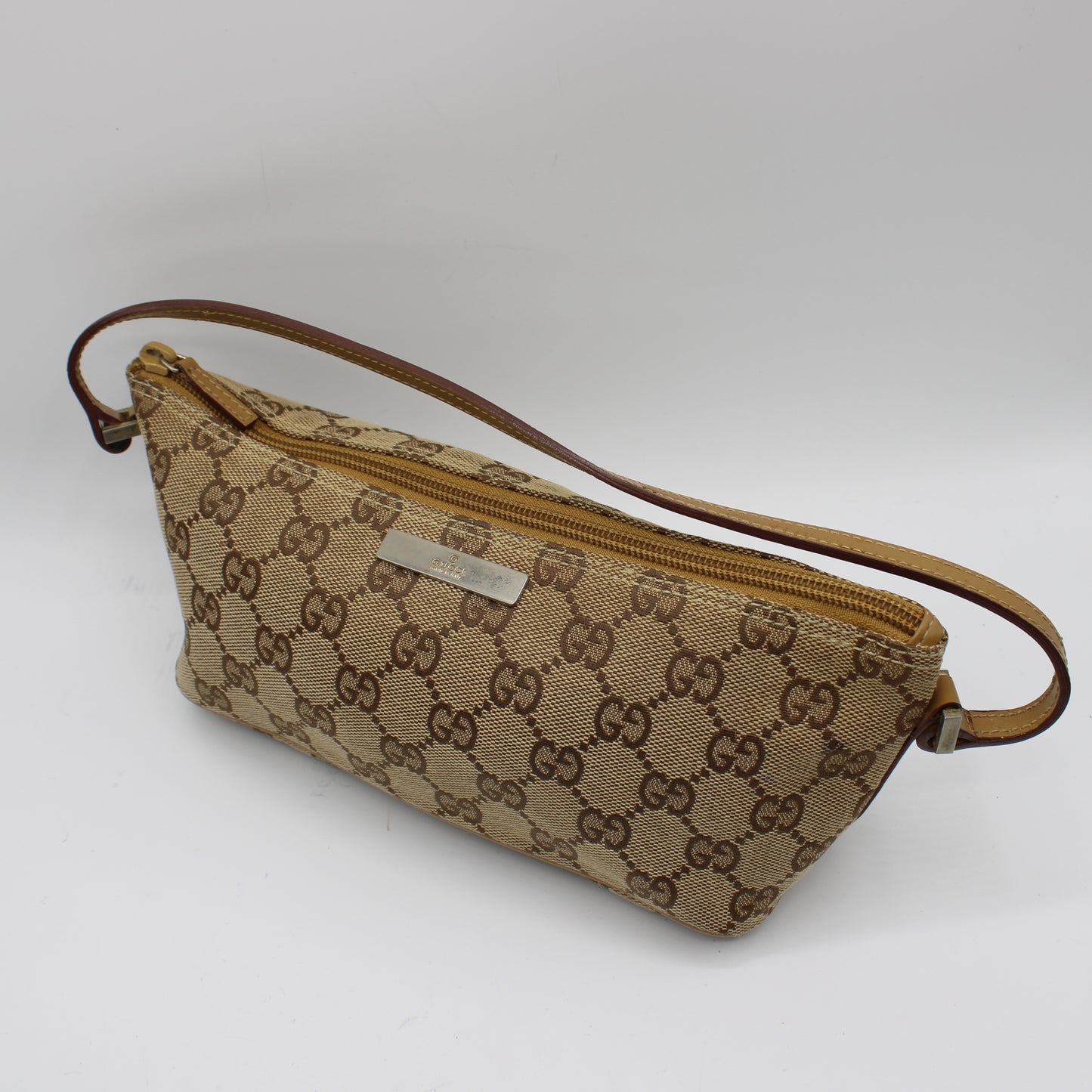 Gucci Beige GG Canvas Boat Pochette Small Handbag Leather Trim