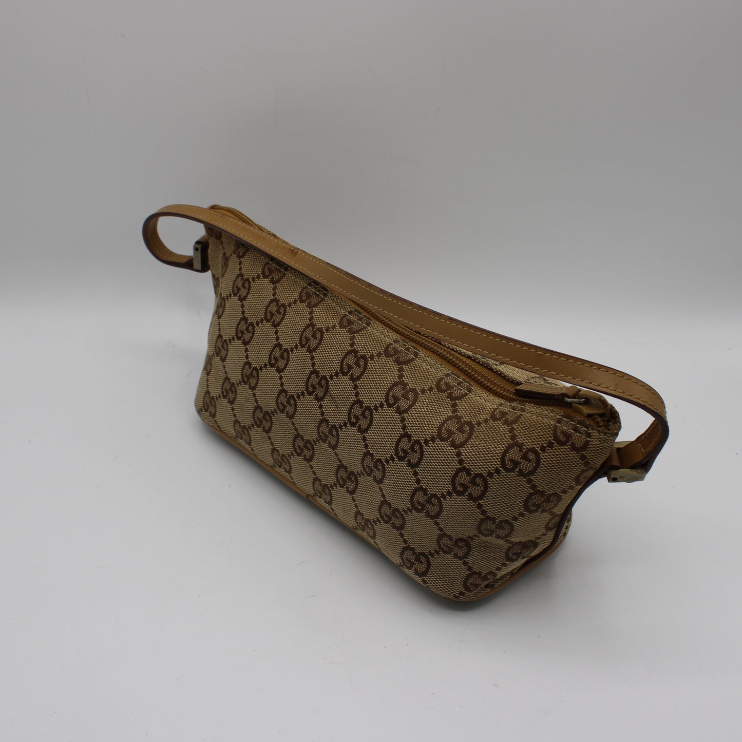 Gucci Beige GG Canvas Boat Pochette Small Handbag Leather Trim