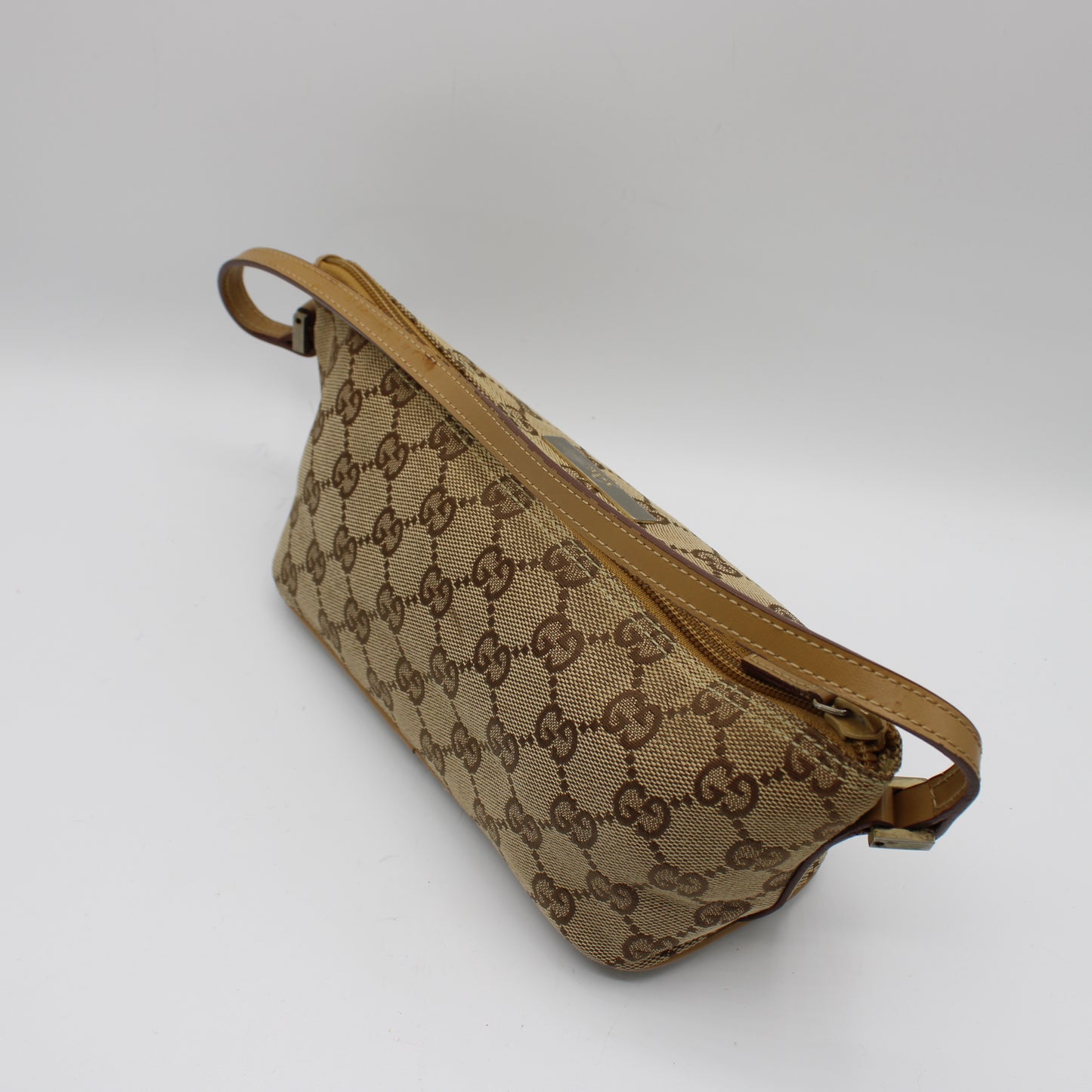 Gucci Beige GG Canvas Boat Pochette Small Handbag Leather Trim