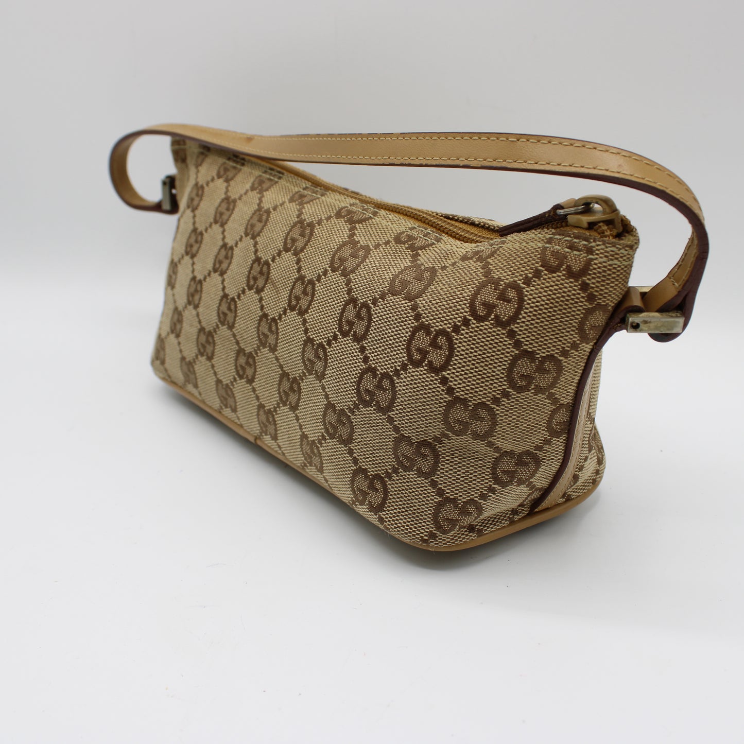 Gucci Beige GG Canvas Boat Pochette Small Handbag Leather Trim