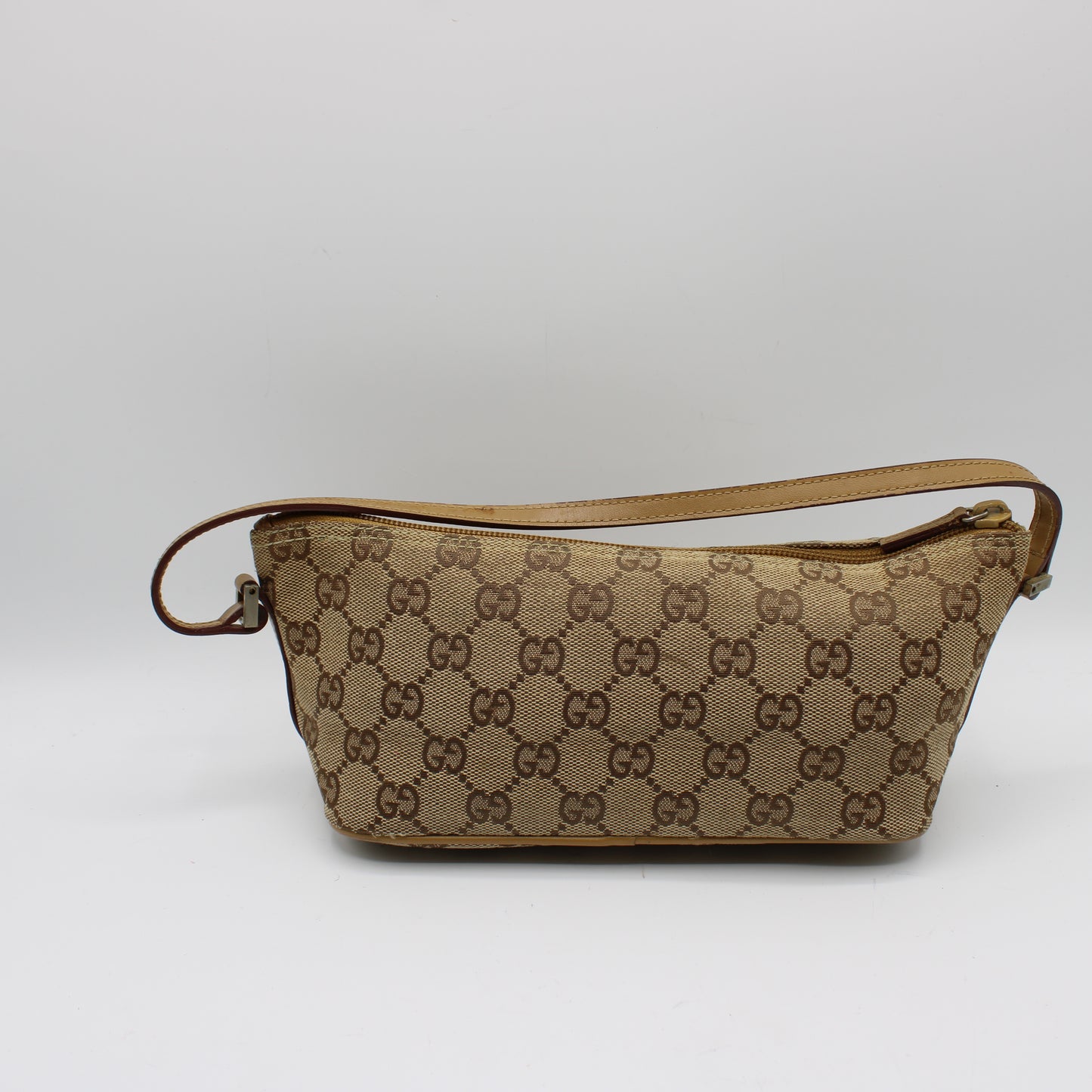 Gucci Beige GG Canvas Boat Pochette Small Handbag Leather Trim