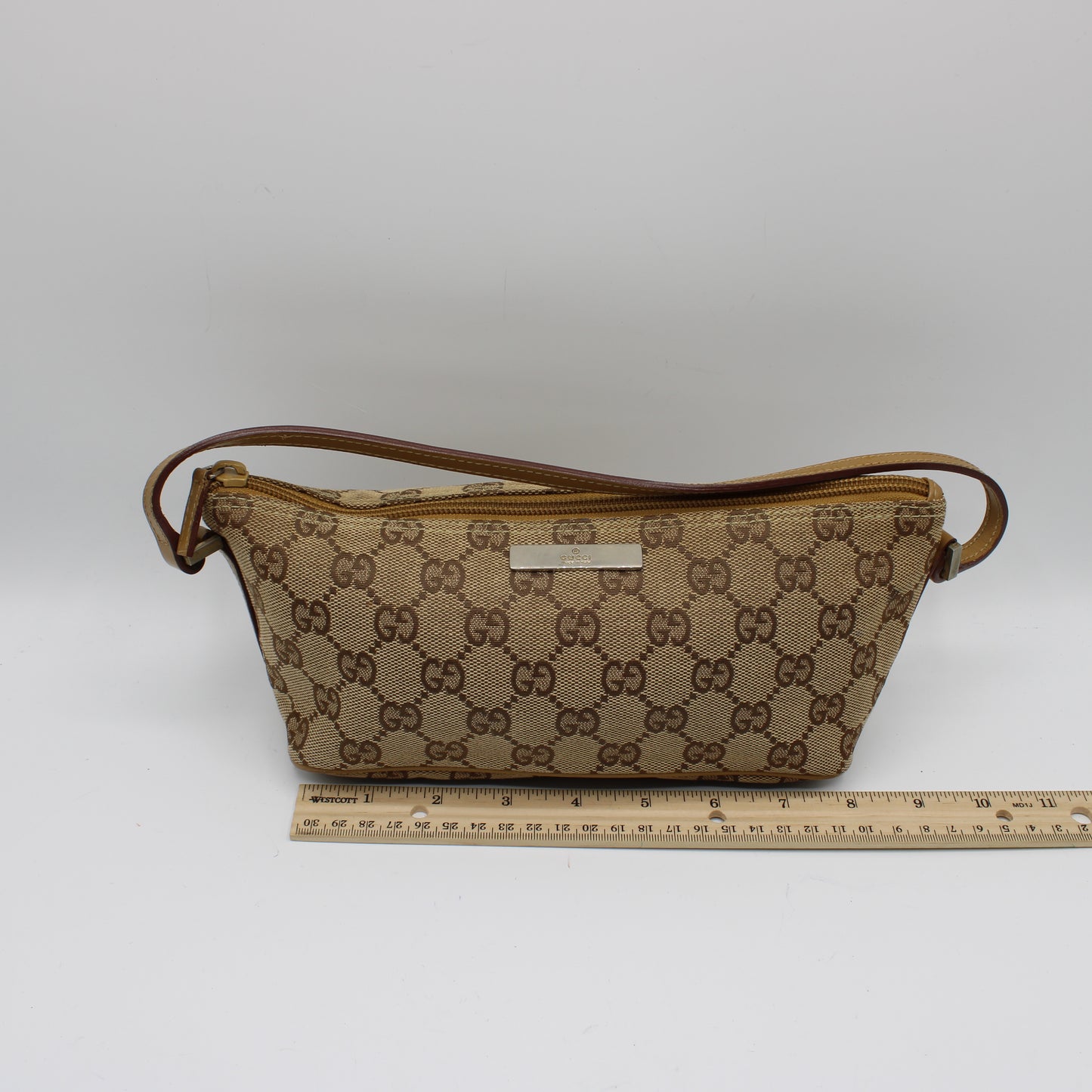 Gucci Beige GG Canvas Boat Pochette Small Handbag Leather Trim