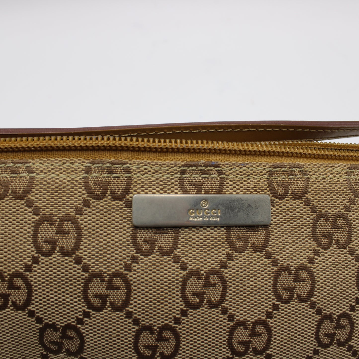 Gucci Beige GG Canvas Boat Pochette Small Handbag Leather Trim