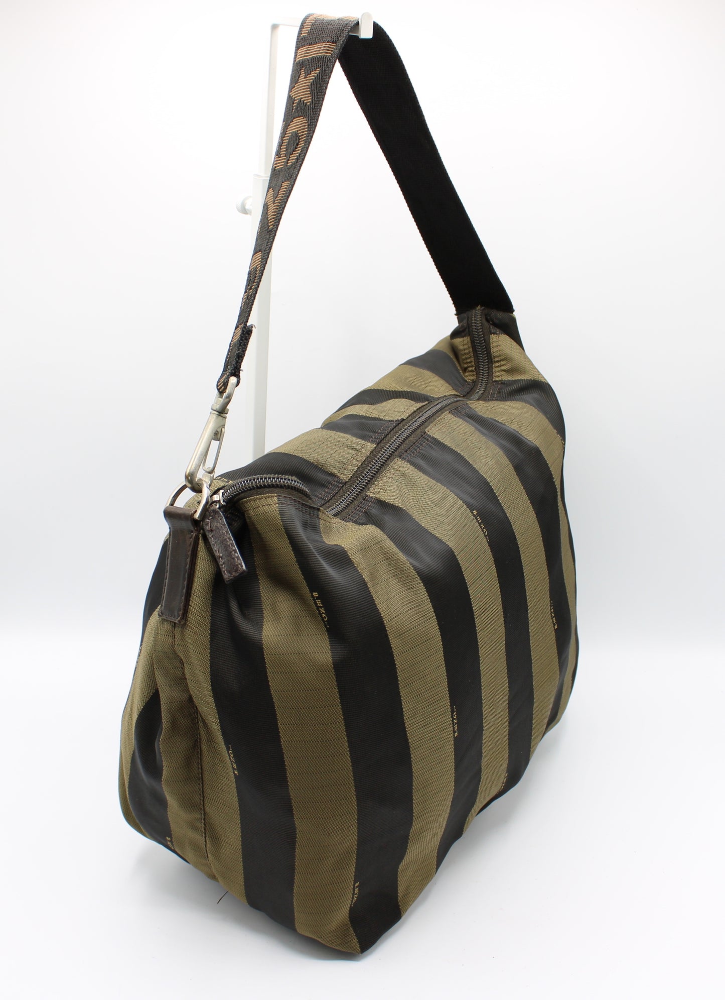 Fendi Pequin Stripe Brown Black Shoulder Bag with Star Roma Strap