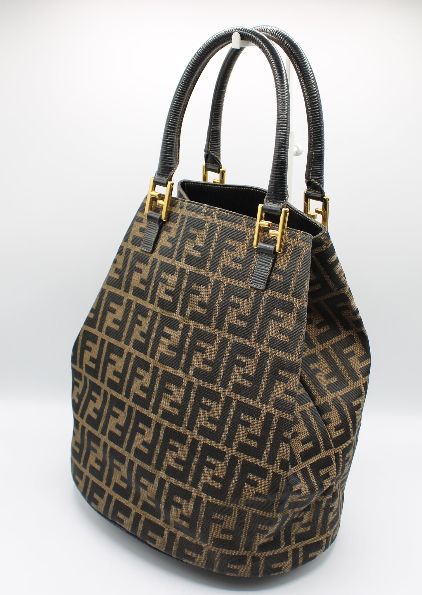 Fendi Brown and Black Zucca Print Leather Trim Bucket Handbag