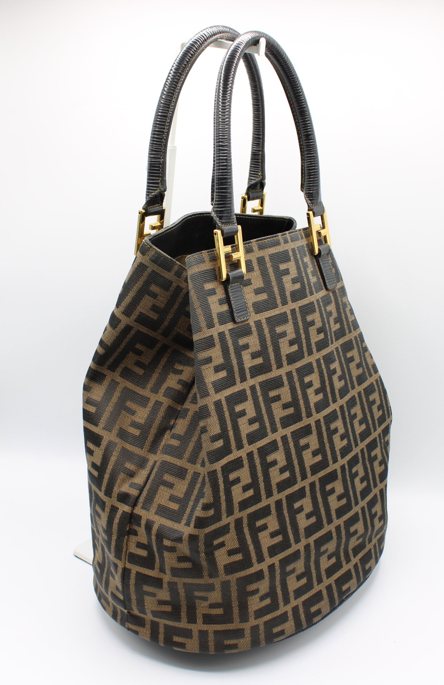 Fendi Brown and Black Zucca Print Leather Trim Bucket Handbag