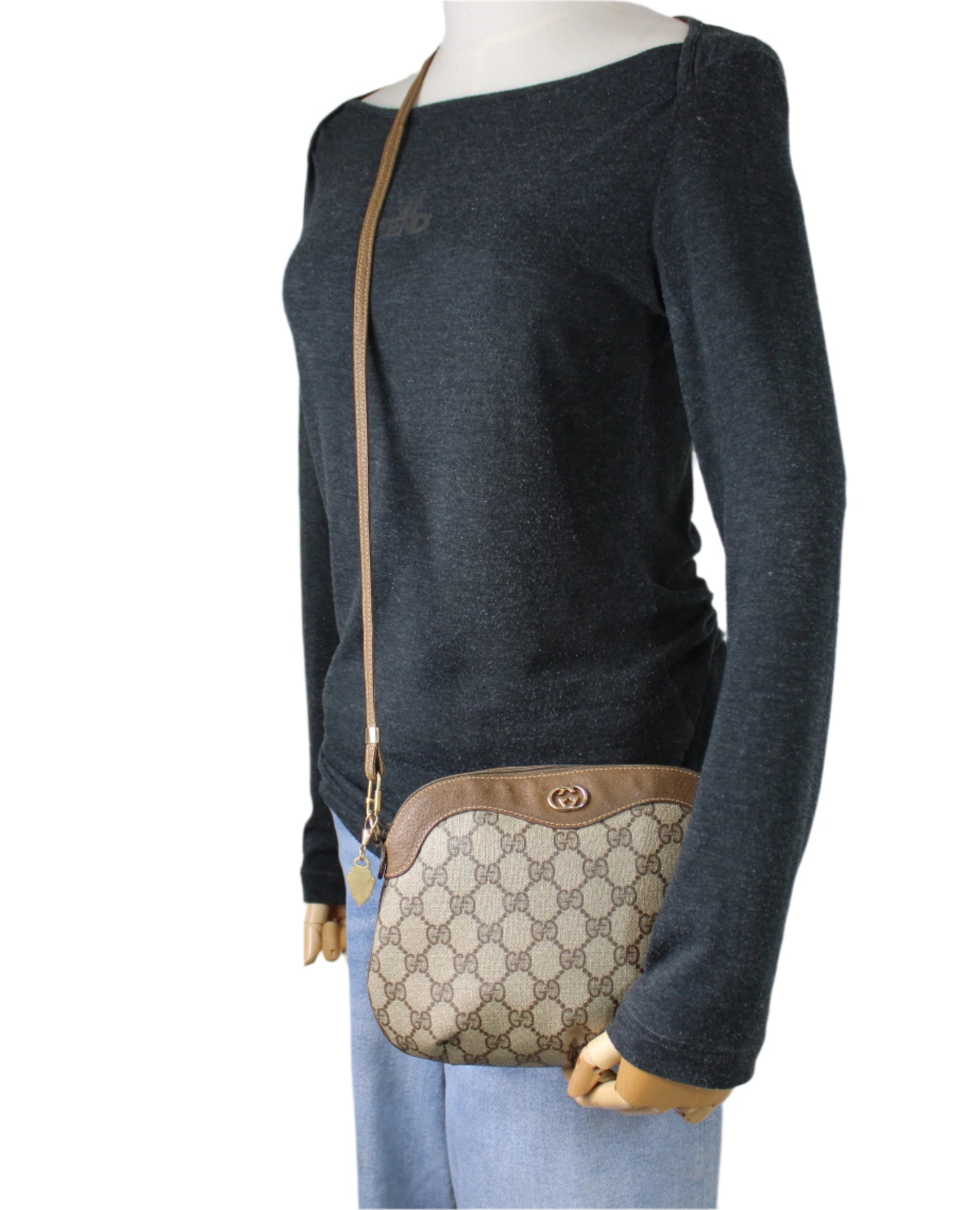 Gucci GG Canvas Brown Leather Marmot Crossbody Zip-Top Shoulder Bag